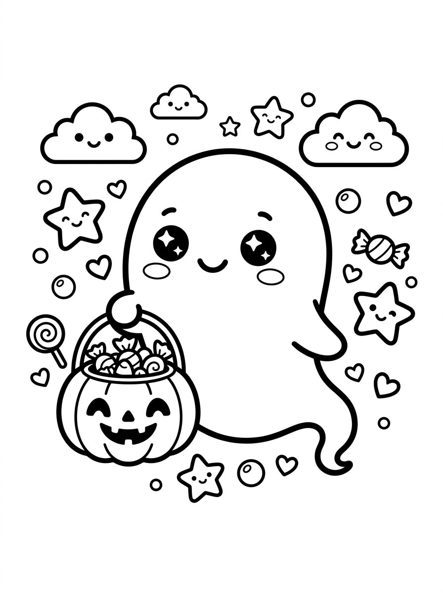 Free Printable Cute Halloween Ghost Coloring Page for Kids