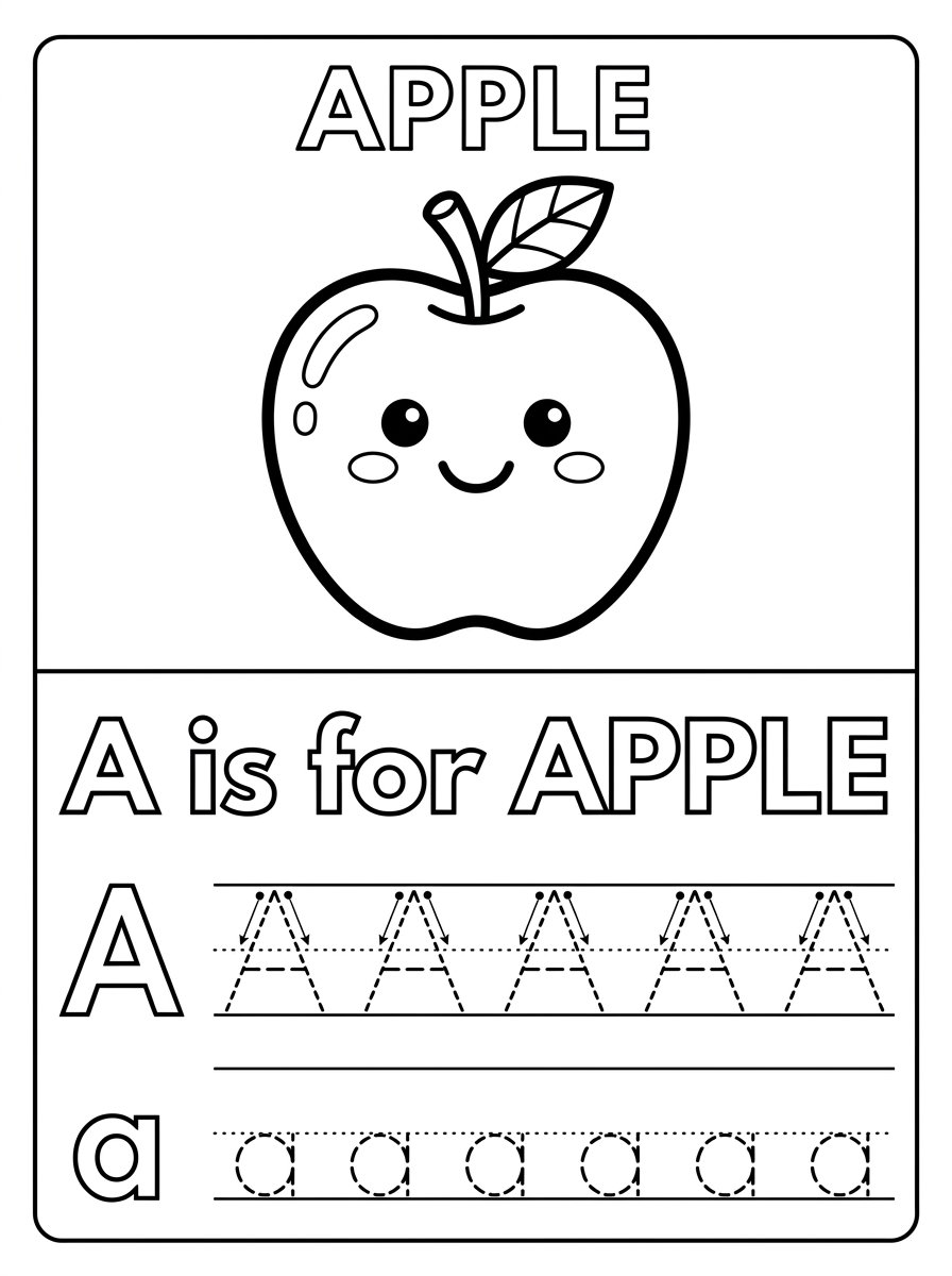 Letter A Tracing and Apple Coloring Worksheet Free Printable