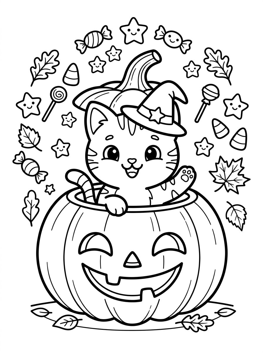 Cute Halloween Cat in Pumpkin Coloring Page Free Printable Sheet